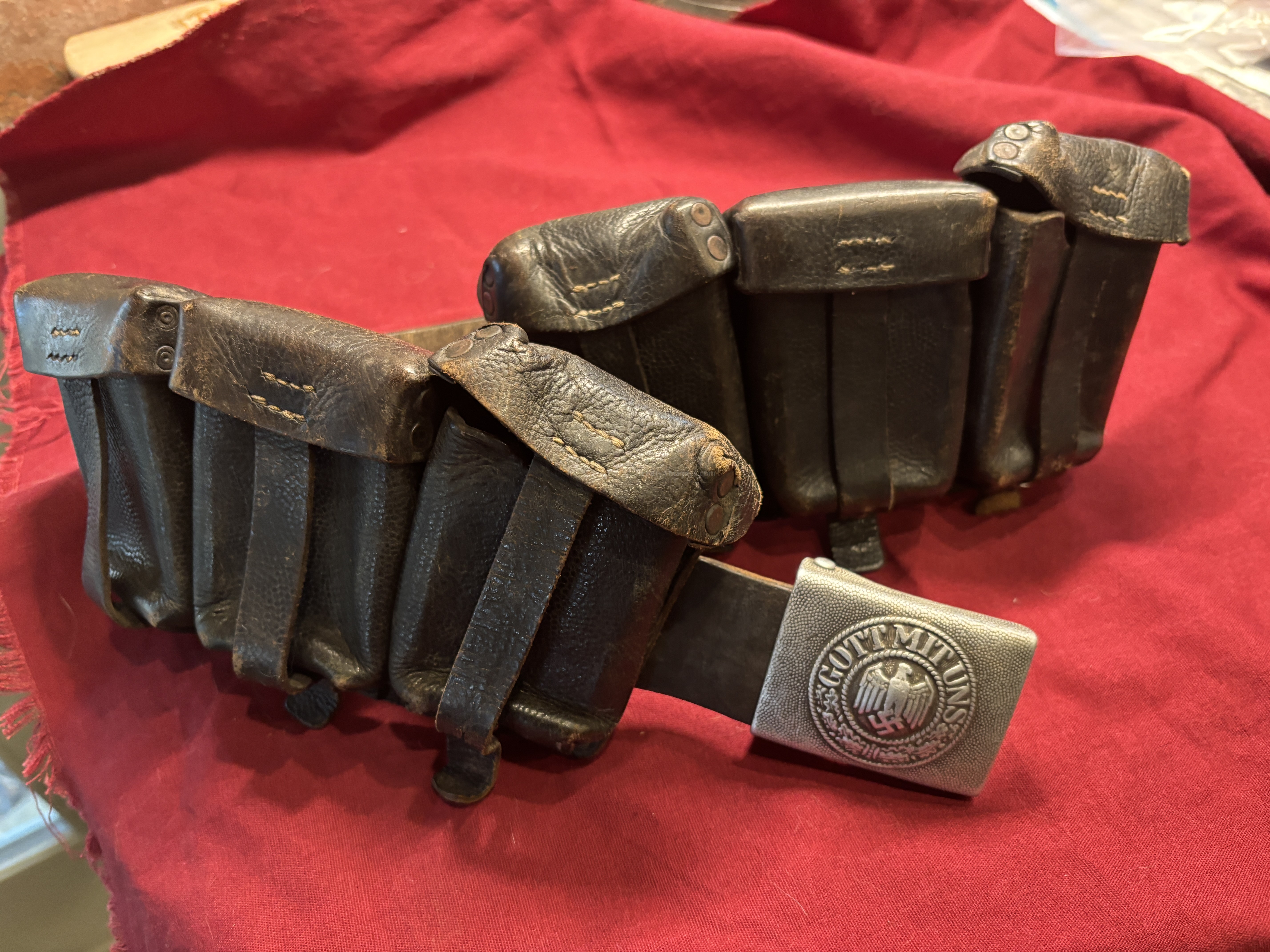 NICE EARLY GERMAN WWII ARMY EM BELT & BUCKLE WITH K-98 POUCHES image